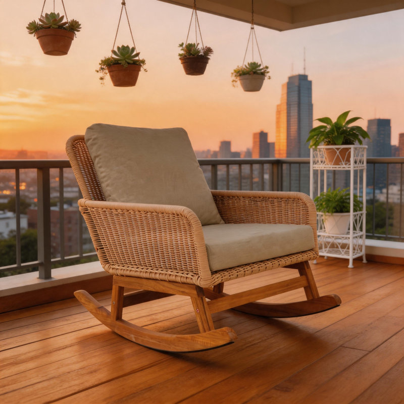 Fauteuil à bascule en rotin tressé avec coussins pour patio, véranda ou salon