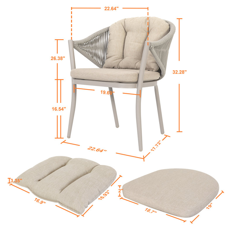  Outdoor Patio Chair of Woven Rope Conversation Chairs, Powder-coated Aluminum Frame for Deck, Beige, Beige