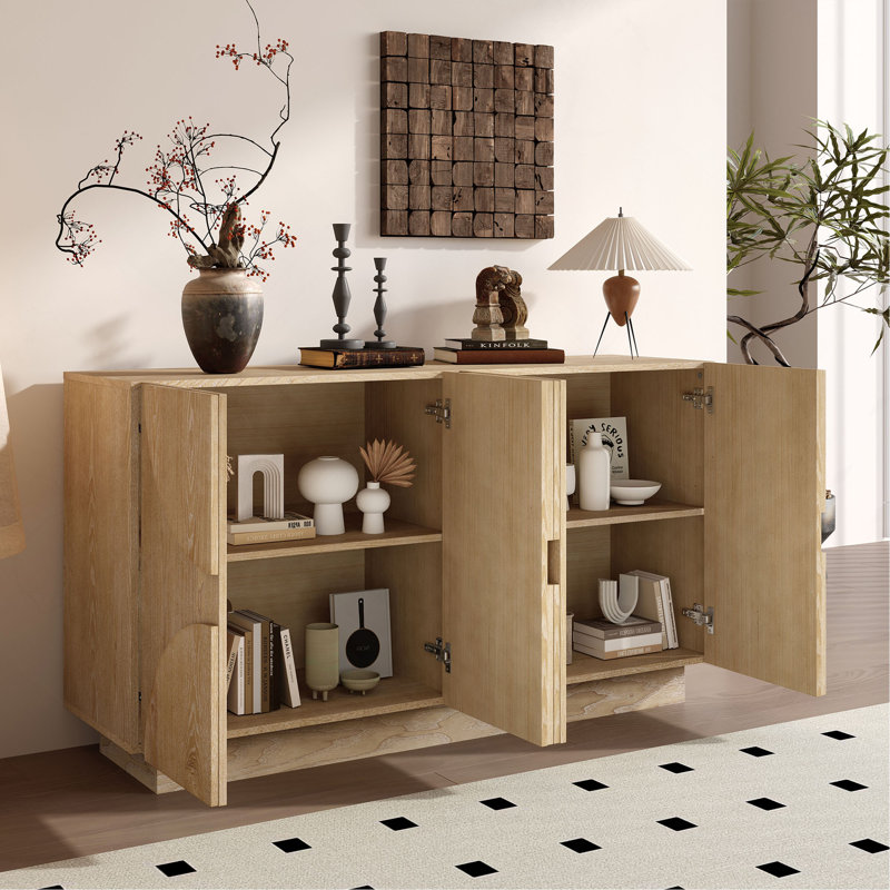 4-Door Large Storage Sideboard, Wood Sideboard Cabinet with Semi-Circular Handles and Adjustable Shelves for Dining Room, Kitchen, and Living Room