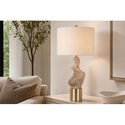 Sculptural Serenity Ceramic Table Lamp - Cream Stone & Soft Gold - Set of 2