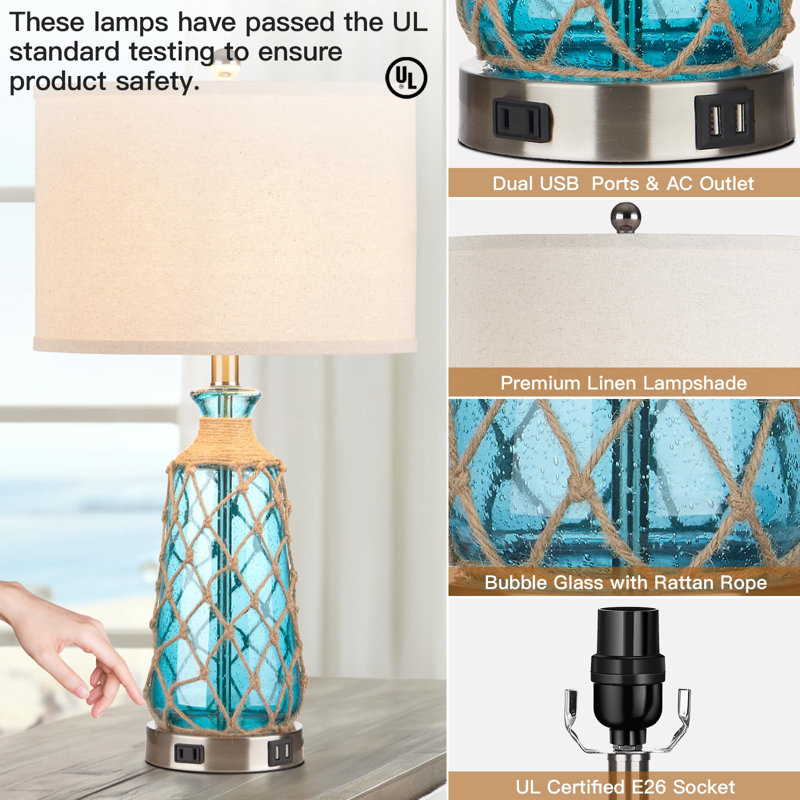 Turquoise Blue Bubble Glass Table Lamps with Beige Linen Shade, Set of 2