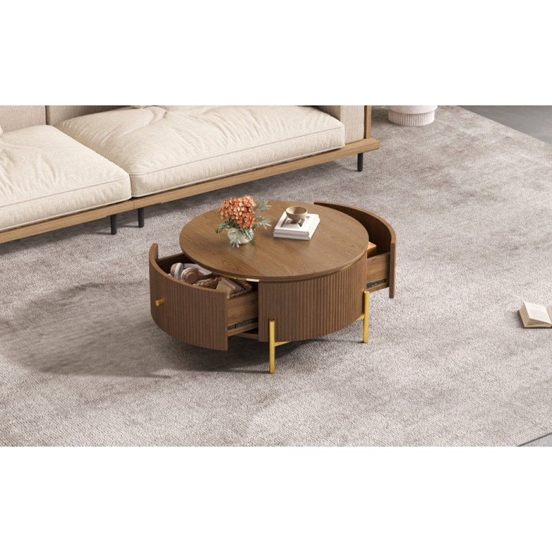 Table basse ronde moderne avec 2 grands tiroirs de rangement, brun, 31,5 po, Brun
