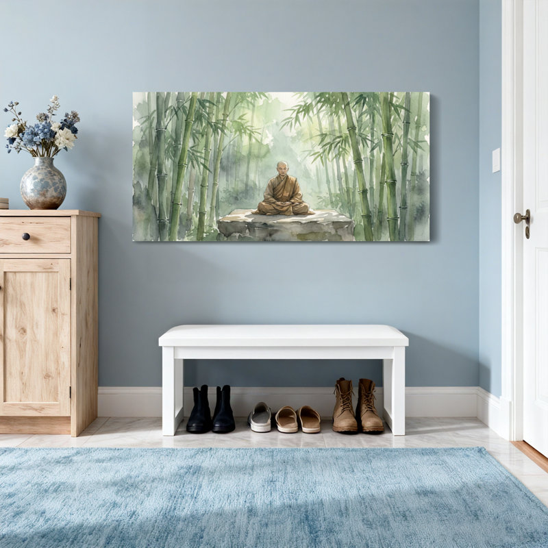 «Abstract Bamboo Forest Moine Meditation Peaceful Scene», reproduction d'art, H 16 po x l 32 po