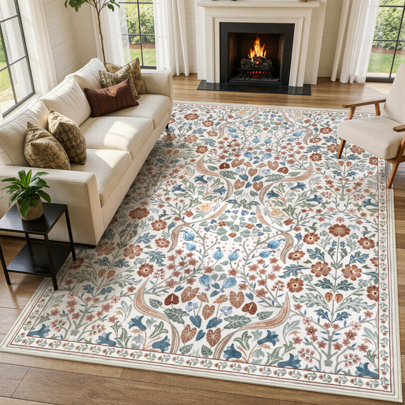 Tapis lavable à motif floral Kaldi, Rectangulaire 8 pi x 10 pi, Beige