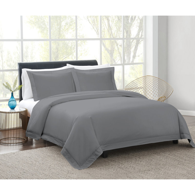 Vince Camuto 400TC Percale Cotton Duvet Set, King Duvet Cover + 2 King Shams, Gray