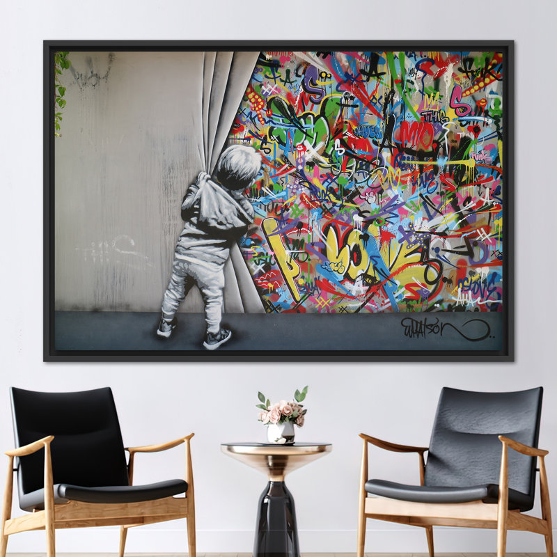 Art abstrait sur toile graffiti abstrait par Martin Watson - décor de chambre d'enfant inspiré Banksy, Noir, noir, noir, noir