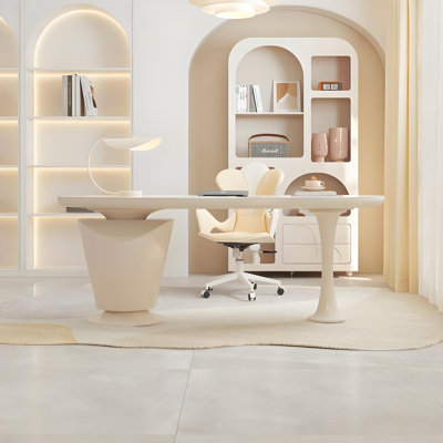 Bureau français en pierre frittée de style crème avec plateau courbé en forme de croissant