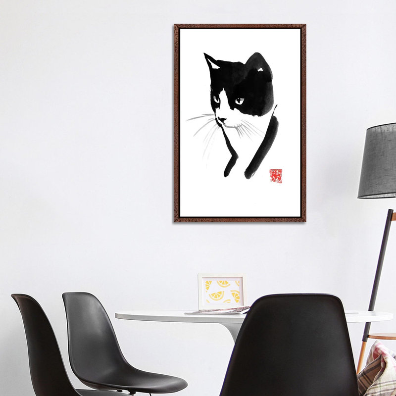 Cat Face by Péchane - Painting on Canvas, Classic Brown Wood Framed, 101.6 cm H x 66.04 cm W