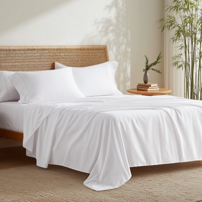 Ensemble de draps en rayonne de bambou Essential Collection, Ensemble de draps pour lit double avec 2 taies d'o, Blanc