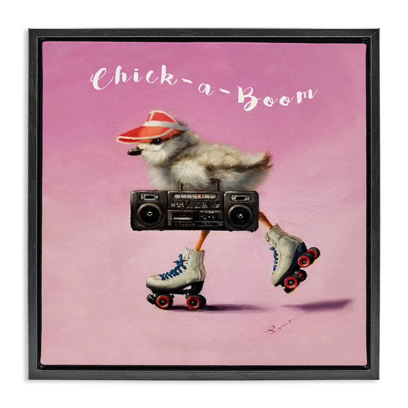 «Chick-A-Boom Boombox Bird», art mural encadré sur toile, Cadre flottant noir de jais, H 25 po x l 25 po