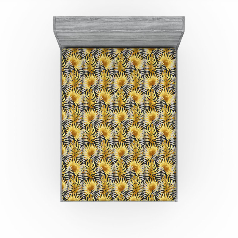 Ambesonne Nature Fitted Sheet Leaves Botanical Style Art, King Fitted Sheet, Mustard/Charcoal Gray Floral