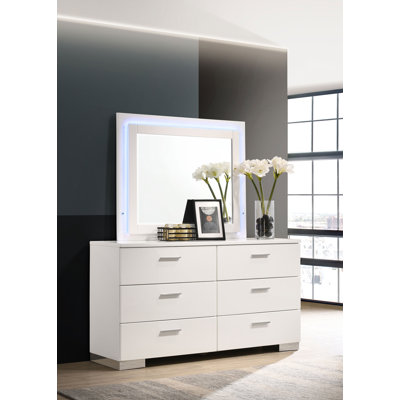 Cayser 6-Drawer Dresser With LED Mirror Glossy White