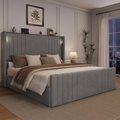 Velvet Upholstered Wingback Platform Bed