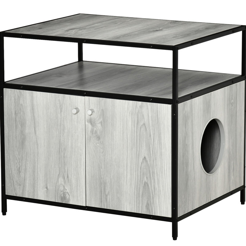 Enceinte de bac à litière grise pour chats - Toilette dissimulée avec rangement et chat magnétique pour garder votre salon bien rangé et caché