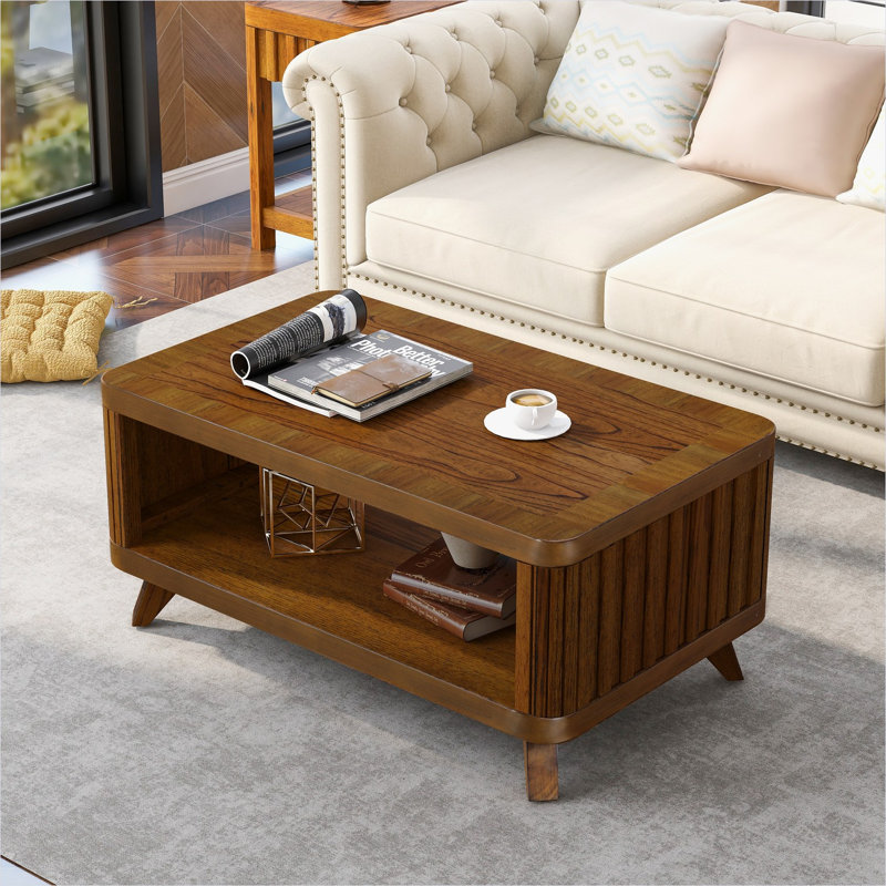 Table basse rectangulaire avec tablette ouverte, finition brune, pieds en bois massif, table de salon