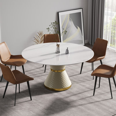 Table de salle à manger 59,05 "en pierre artificielle ronde blanche avec base en acier au carbone pouvant accueillir 6 personnes (seulement les tables, pas de chaises)