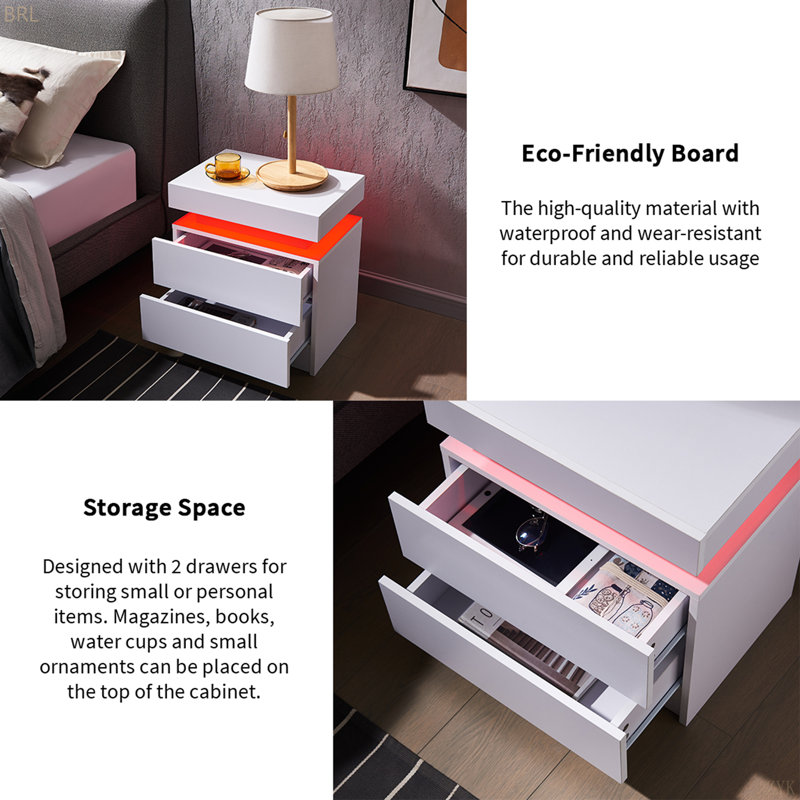 La table de chevet de la table de chevet LED illumine le côté moderne avec 2 tiroirs pour la chambre à coucher, Blanc