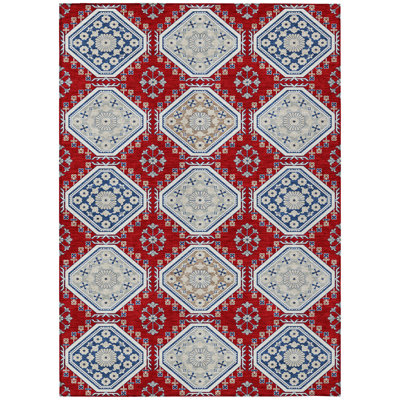 5' X 8' Red And Navy Blue Floral Washable Indoor Outdoor Area Rug