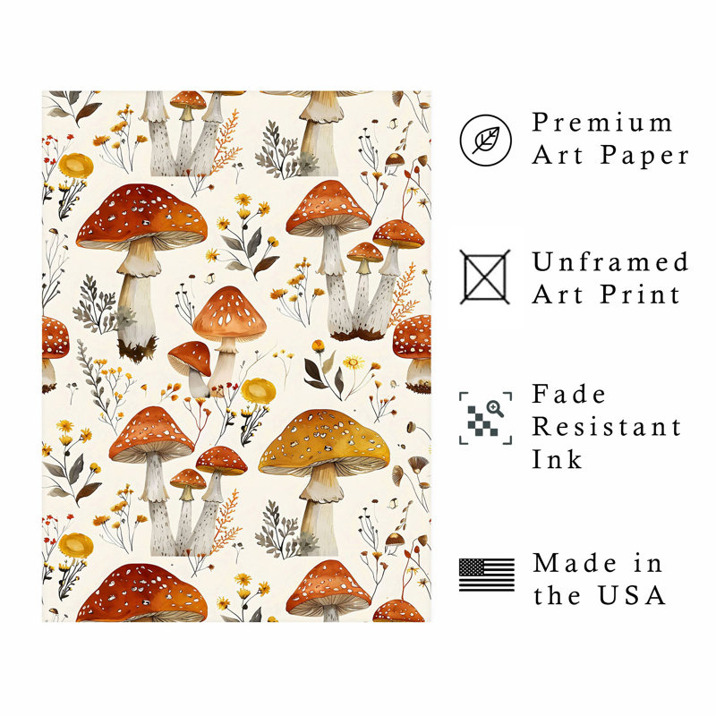 «Botanical Wild Mushroom VIII Cottage», reproduction d'art non encadrée, H 20 po x l 16 po
