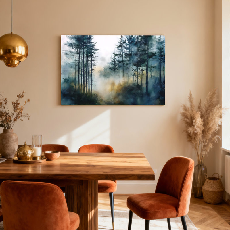 Ensemble de 1 tableau sur toile représentant un paysage de forêt brumeuse, H 12 po x l 18 po