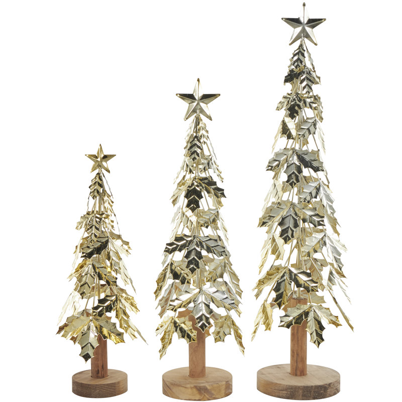 Jazmyn Metal Layered Branch Tree Decorative Christmas Sculpture with Wooden Base and Star Topper Set