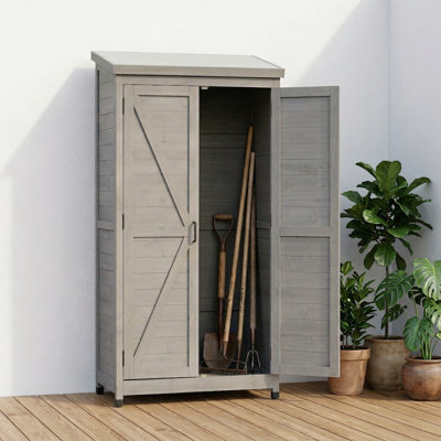 Outdoor Wooden Storage Shed & Tall Tool Cabinet with Metal Top & Double Doors