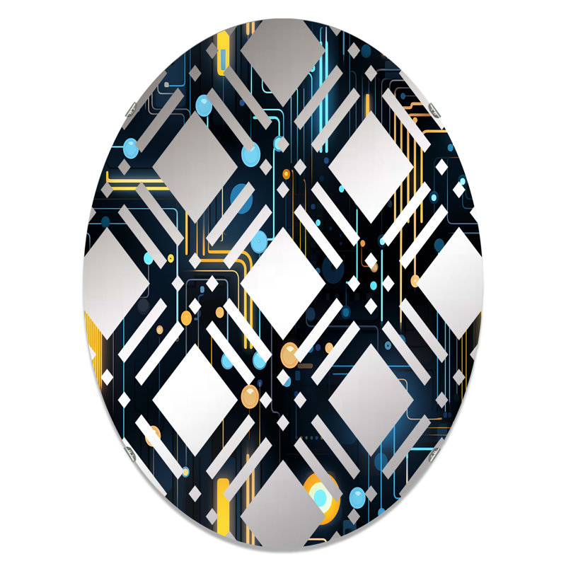 Motif rayé bleu futuriste à carreaux - Miroir décoratif ovale, L 20 po x H 30 po