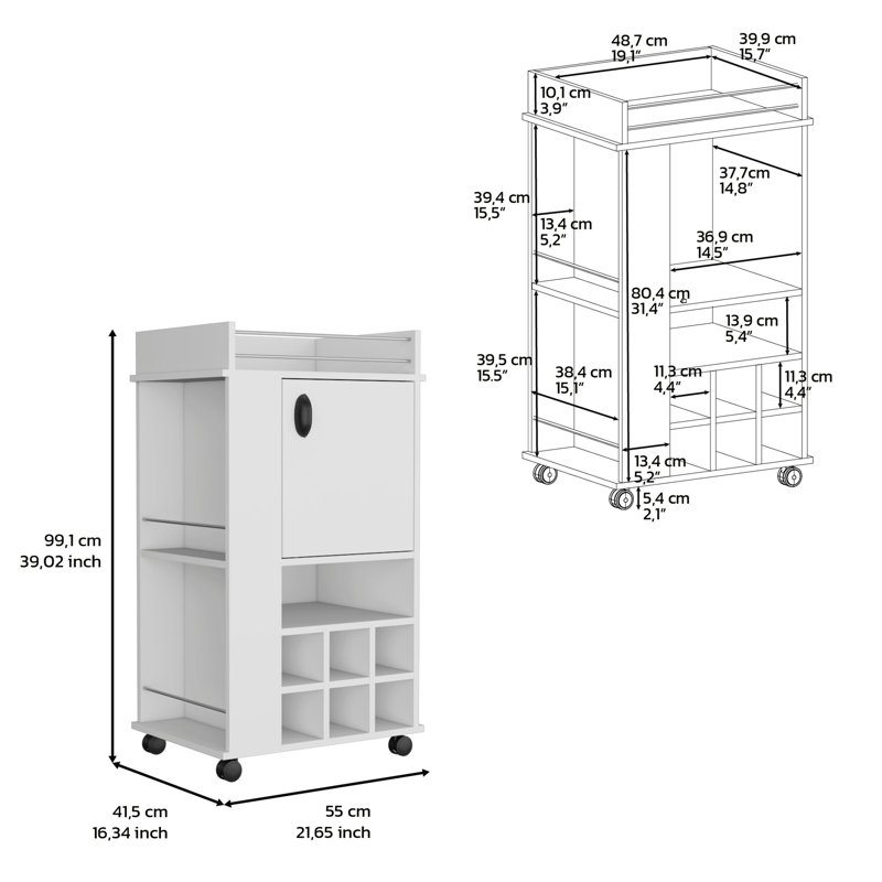 Bar Cart with 6 Built-in Wine Racks, Single-Door Cabinet, and 2 Open Shelves, White