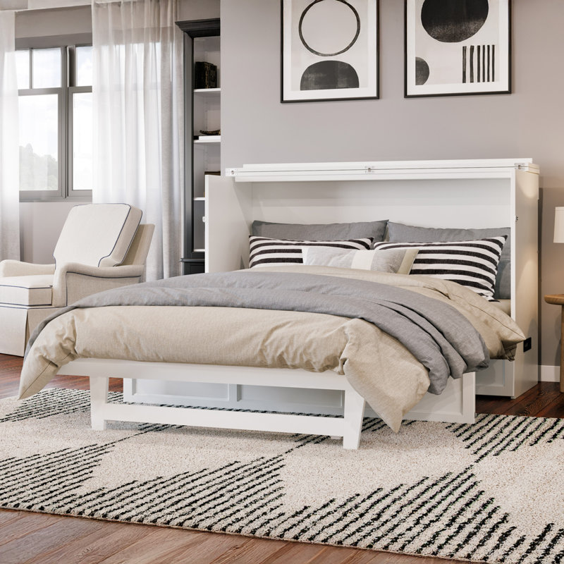 Andriena Murphy Bed Chest with 6" Mattress, Storage & Built-in Charger, White, Queen