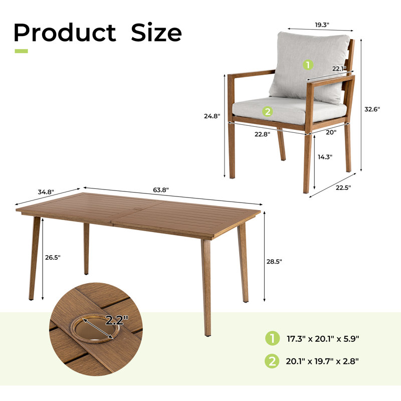 Ensemble de salle à manger 7 pièces en aluminium brun Riviera avec table rectangulaire et coussins gris clair Riviera