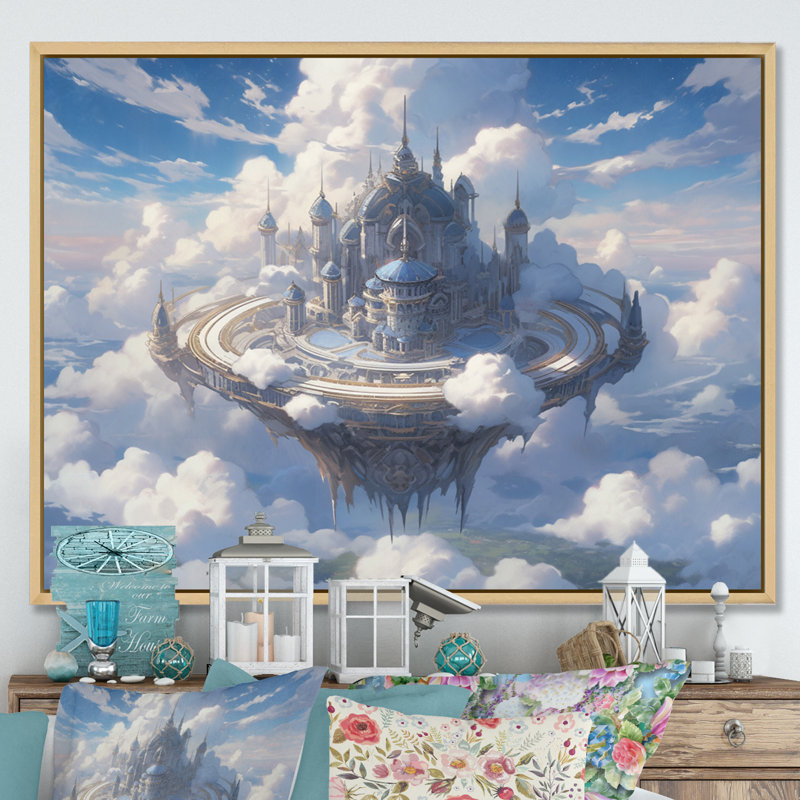 Château dans les nuages II sur toile, Cadre naturel flottant, H 12 po x l 20 po x P 1 po