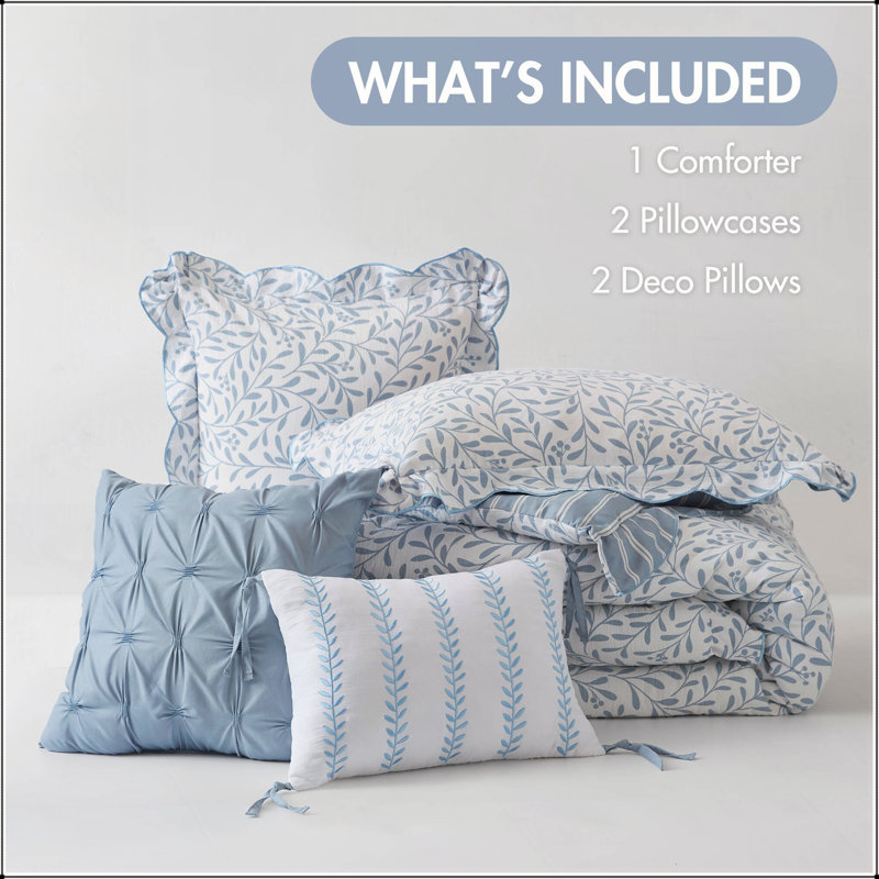 Ensemble de couette imprimée 5 pièces pour lit de king avec deux taies d'oreiller et deux coussins décoratifs, Bleu