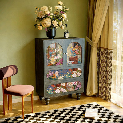 Vintage Floral Painted Wood Storage Cabinet