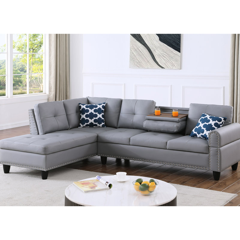 Canapé modulaire en L en similicuir 3 pièces gris pour des séances de cinéma et de jeu agréables, siège central escamotable avec porte-gobelets, deux coussins assortis avec rangement, coussins rembourrés de mousse à structure solide