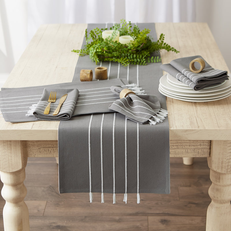 NAVY/OFF-WHITE STRIPE TASSEL TABLE RUNNER 14X72, Gray/White, 108" L x 14" W
