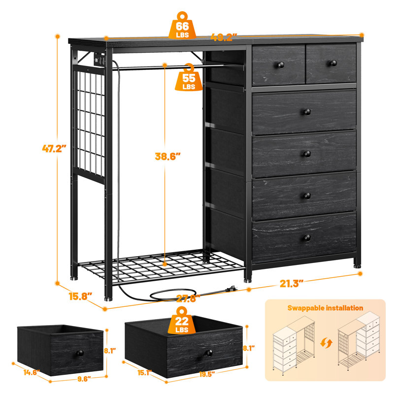 Dresser For Bedroom With Clothes Rack, 6 Drawer Dresser With Shoe Rack, Charging Station & Led Lights, Black