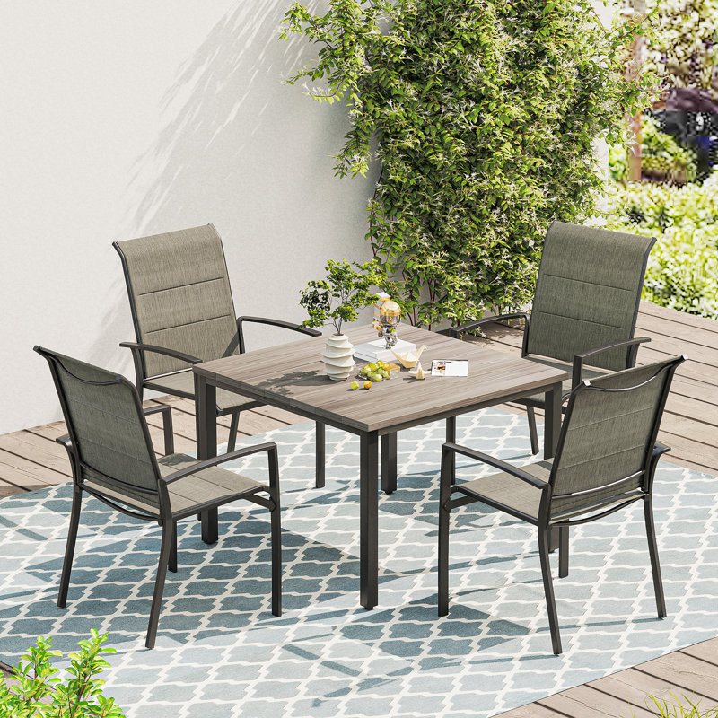Milaan Square Metal Outdoor Dining Table With Umbrella Hole , 37.8'' in. W 37.8'' in. D, Gray/Woodlike
