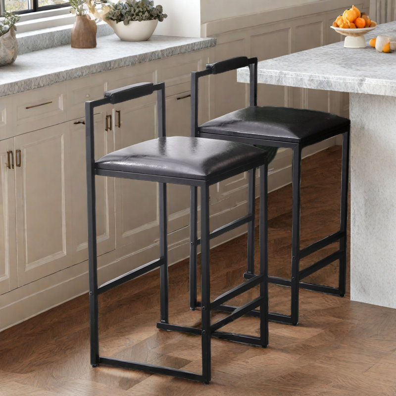Upholstered Bar Stools Set Of 2 With  Backrest And Footrest, Pu Leather And Metal Frame, Black