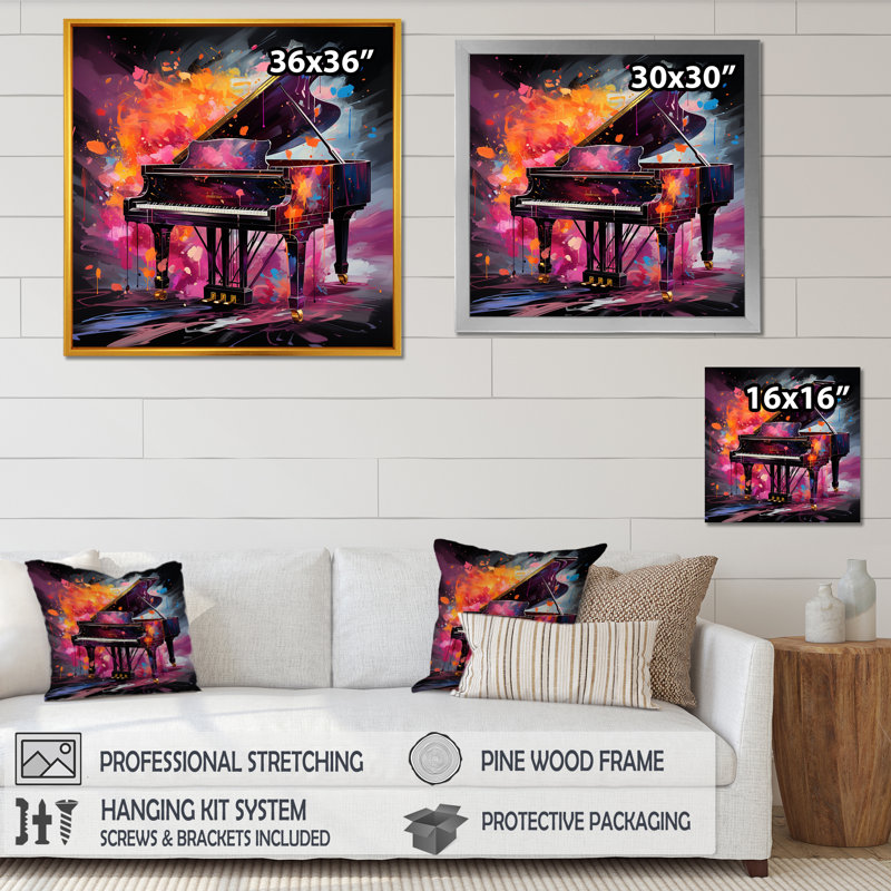 Mauve, mélodie numérique d'un piano à queue I - art mural piano, H 36 po x l 36 po x P 1,5 po, Cadre flottant noir