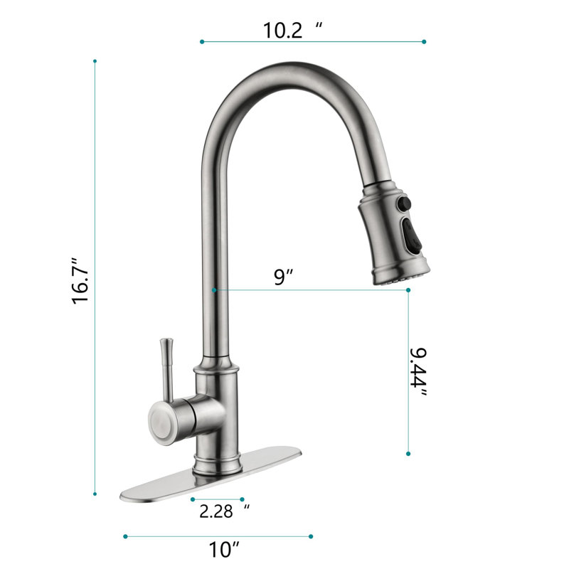 Robinet de cuisine rétractable à poignée simple avec douchette extractible, Nickel brossé