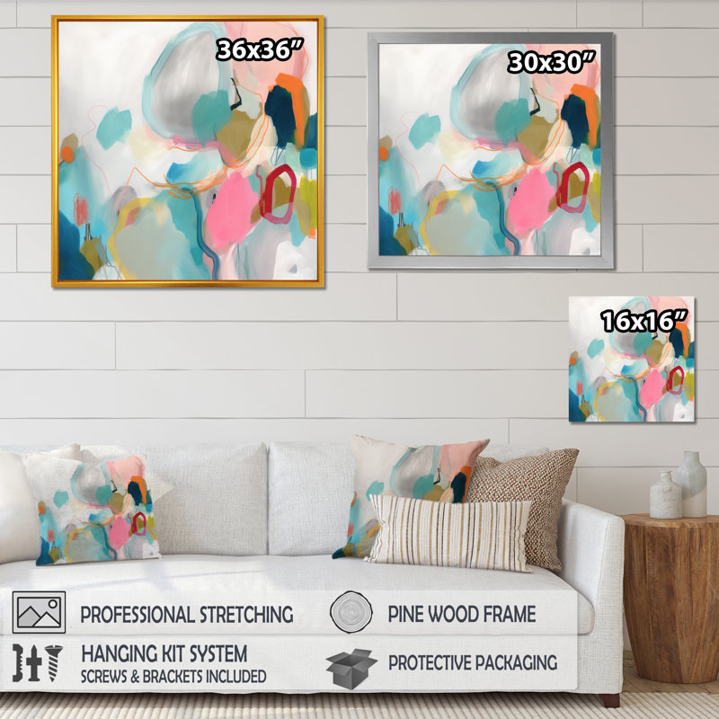 «Pink Blue Minimalims Fludity II», art minimaliste abstrait sur toile, H 24 po x l 24 po x P 1 po, Cadre flottant doré