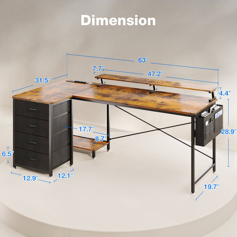 Eyerson L-Shaped Metal Base Writing Desk with Power Outlet, 33.30" H x 63" W x 31.50" D, Brown/Black