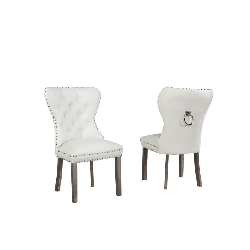 Thame Button Tufted Upholstered Dining Chair, Walnut, Linen Blend Gray