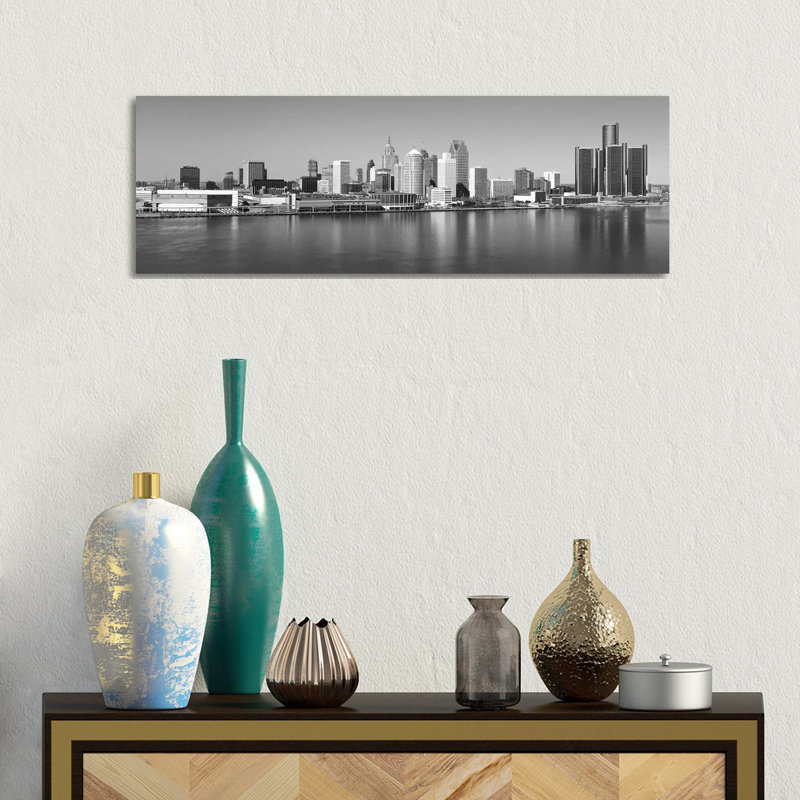 Detroit Skyline Cityscape 1 Piece Wrapped Canvas Panoramic Wall Art, 30.48 cm H x 91.44 cm W x 3.175 cm D