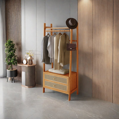 Ash Wood Coat Rack with Rattan Drawers