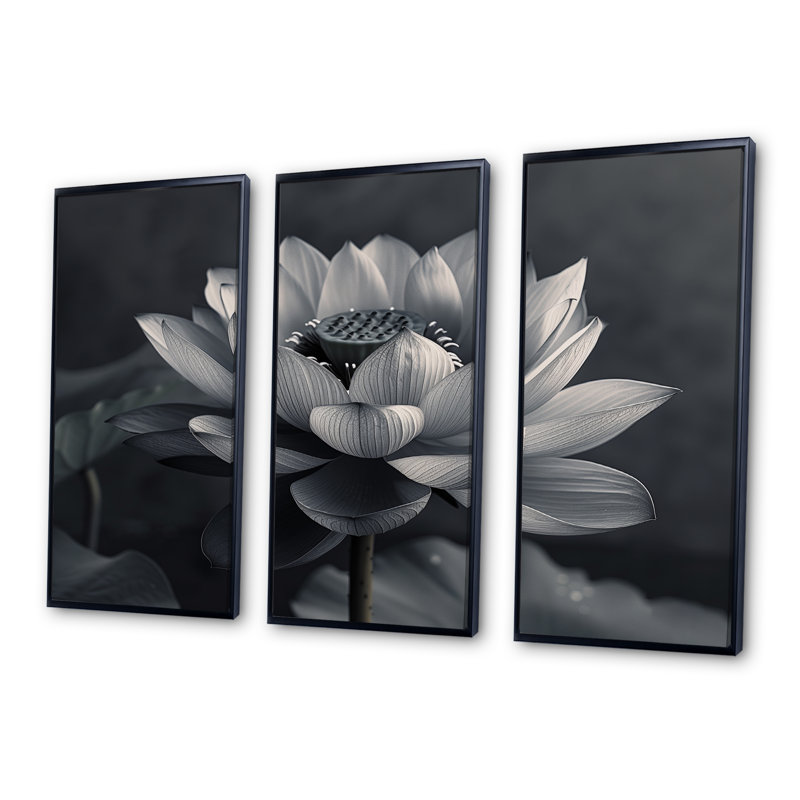 Ensemble de salon gris Lotus Photo Elegant Silhouette III - Lotus Wall Art, Toile avec cadre flottant noir
