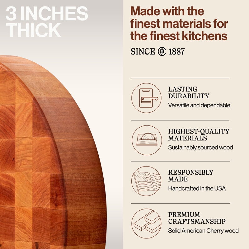 BoosBlock® Chinese Chopping Block 3" End Grain Maple Non-Reversible Round Block, 18" L x 18" W x 3" D, Cherry