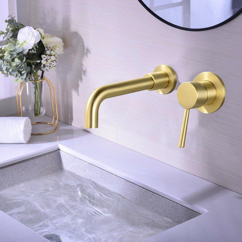 Bathroom Wall Mount Faucet Brushed Gold - Modern Curved Style Single Handle With Zinc Details Hot/Cold Indicators Tap Stylish And Functional Metal Hardware 360-Degree Rotating Spout 7.87'' Reach