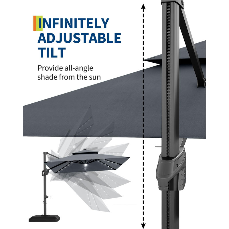 Parasol de patio en porte-à-faux 10 pi x 10 pi avec lumières DEL et base lestée, parasol carré en aluminium pour cour, terrasse, piscine, Gary