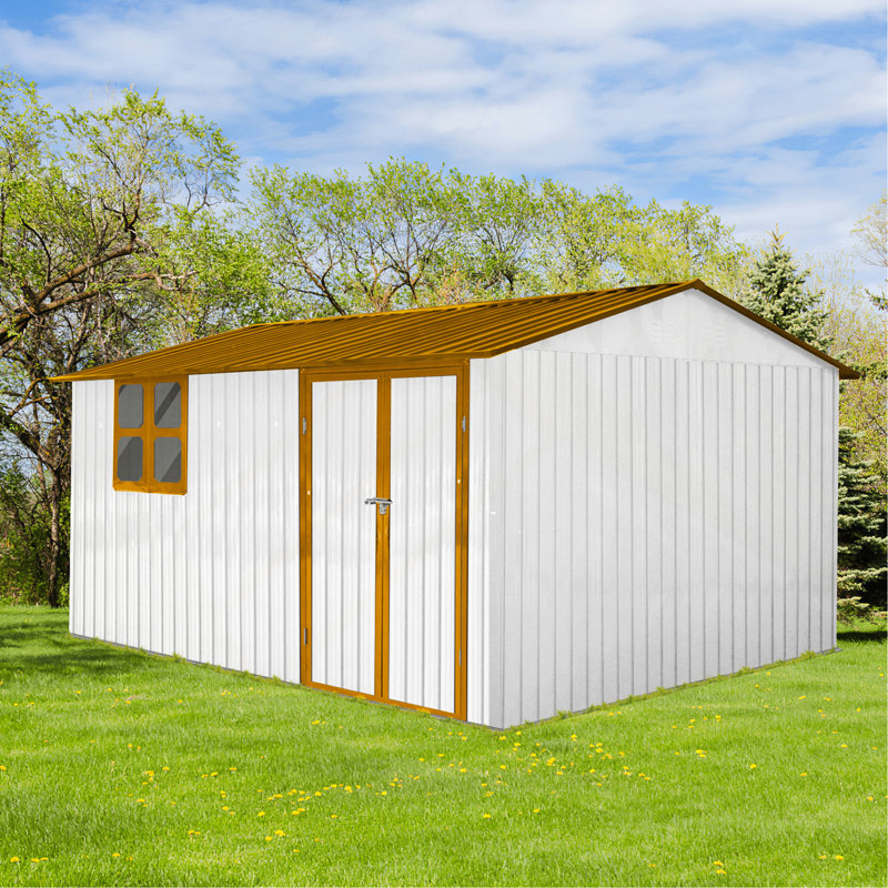 Abri de jardin en métal 12 pi x 10 pi blanc et jaune avec fenêtre, H 80,62 po x l 142,5 po x P 112,4 po, Jaune / Blanc